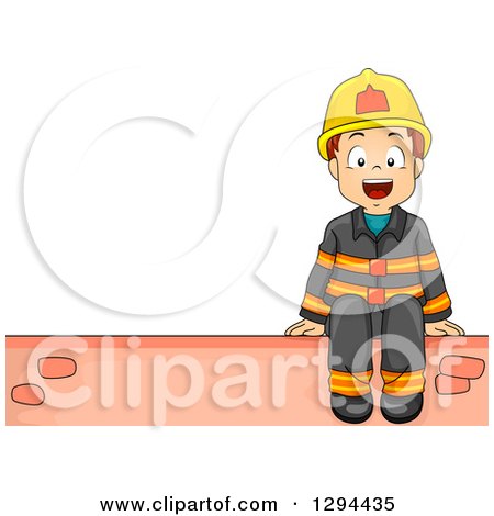 Clipart of a Happy Brunette Fire Fighter Boy Sitting on a Brick Wall, with Text Space to the Left - Royalty Free Vector Illustration by BNP Design Studio