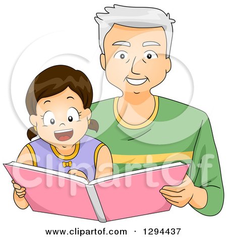 Clipart of a Happy White Senior Grandfather Reading a Story Book to His Brunette Granddaughter - Royalty Free Vector Illustration by BNP Design Studio