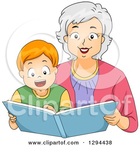 Clipart of a Happy White Senior Grandmother Reading a Story Book to Her Red Haired Grandson - Royalty Free Vector Illustration by BNP Design Studio