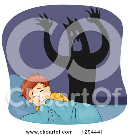Clipart of a Shadow Monster Behind a Scared White Boy Having a Nightmare - Royalty Free Vector Illustration by BNP Design Studio