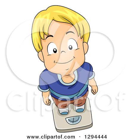 Clipart of a Happy Blond White Boy Looking up and Standing on a Weight Scale - Royalty Free Vector Illustration by BNP Design Studio