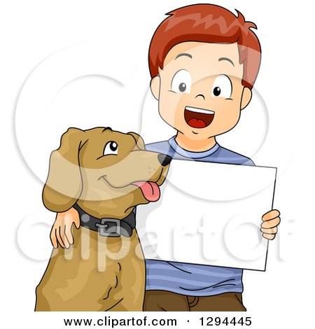 Clipart of a Happy Red Haired White Boy with His Arm Around a Dog, Holding a Blank Sign - Royalty Free Vector Illustration by BNP Design Studio