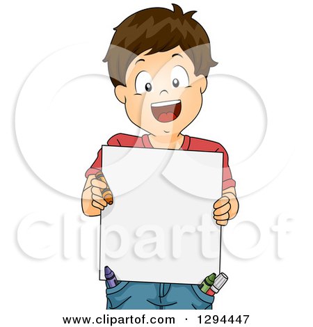 Clipart of a Happy Brunette White Boy Holding an Art Board, with Crayons in His Pockets - Royalty Free Vector Illustration by BNP Design Studio