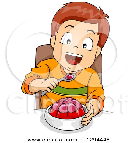Clipart of a Happy White Boy Eating a Gelatin Dessert - Royalty Free Vector Illustration by BNP Design Studio
