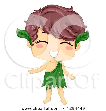 Clipart of a Happy Welcoming Brunette Nature Boy with Leaves - Royalty Free Vector Illustration by BNP Design Studio