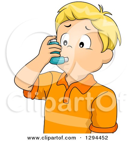 Clipart of a Blond White Boy Using an Asthma Inhaler - Royalty Free Vector Illustration by BNP Design Studio