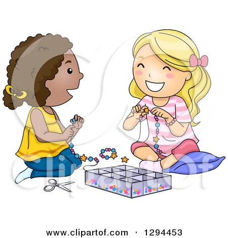 Clipart of Happy White and Black Girls Playing With Beads And Making Jewelery - Royalty Free Vector Illustration by BNP Design Studio