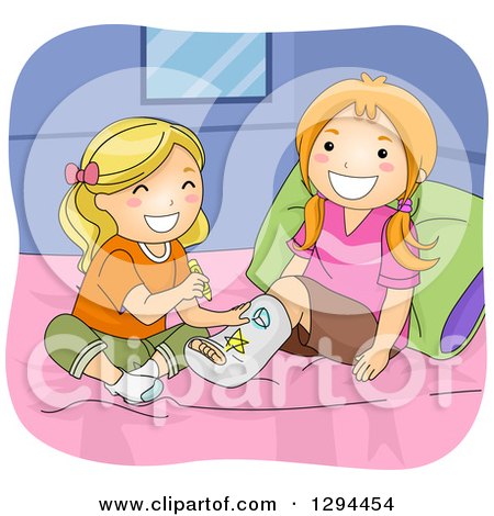 Clipart of a Happy Blond White Girl Drawing on Her Red Haired Best Friends Leg Cast on a Bed - Royalty Free Vector Illustration by BNP Design Studio
