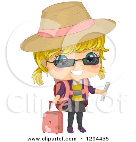 Clipart of a Happy Blond White Girl Traveler in a Sun Hat, Holding a Document and Standing with Rolling Luggage - Royalty Free Vector Illustration by BNP Design Studio