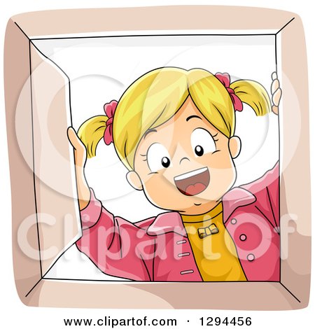 Clipart of a Happy Blond White Girl Smiling down into a Box - Royalty Free Vector Illustration by BNP Design Studio
