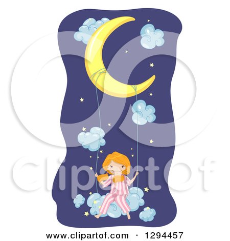 Clipart of a Happy Red Haired White Girl in Pjs, Swinging on a Cloud from a Crescent Moon - Royalty Free Vector Illustration by BNP Design Studio