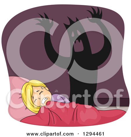 Clipart of a Shadow Monster Behind a Scared Blond White Girl Having a Nightmare - Royalty Free Vector Illustration by BNP Design Studio