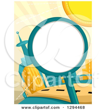 Clipart of a Round Blank Sign or Magnifying Glass Against a Futuristic City and Sun - Royalty Free Vector Illustration by BNP Design Studio