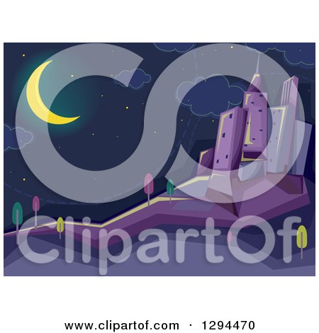 Clipart of a Crescent Moon Shining over a Dark City at Night - Royalty Free Vector Illustration by BNP Design Studio
