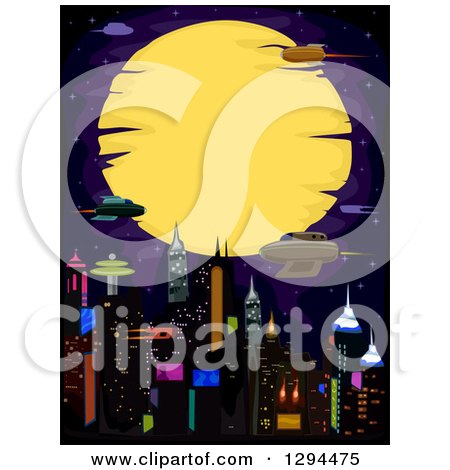 Clipart of a Cyberpunk City with Rockets Against a Full Moon - Royalty Free Vector Illustration by BNP Design Studio