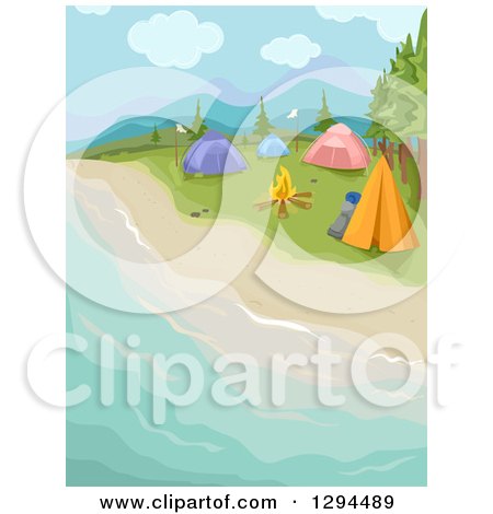 Clipart of a Waterfront Beach Camp Site with a Fire and Tents - Royalty Free Vector Illustration by BNP Design Studio