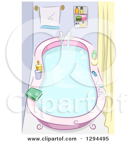 Clipart of a Sketch of a Full Bath Tub with a Book, Candles and Mp3 Player - Royalty Free Vector Illustration by BNP Design Studio