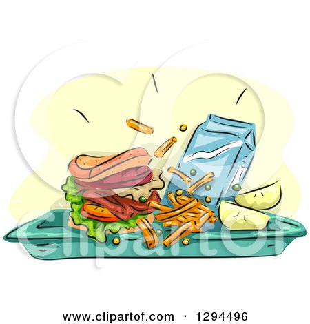 Clipart of a Sketched Tray with a Brger or Sandwich, French Fries, Fruit and Milk - Royalty Free Vector Illustration by BNP Design Studio