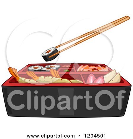 Clipart of Chopsticks Holding a Sushi Roll over Bento - Royalty Free Vector Illustration by BNP Design Studio