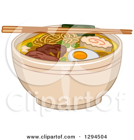 Clipart of a Pair of Chopsticks Resting on Top of a Bowl of Ramen Noodles - Royalty Free Vector Illustration by BNP Design Studio