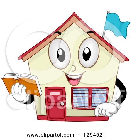 Clipart of a Happy School House Building Holding a Book - Royalty Free Vector Illustration by BNP Design Studio