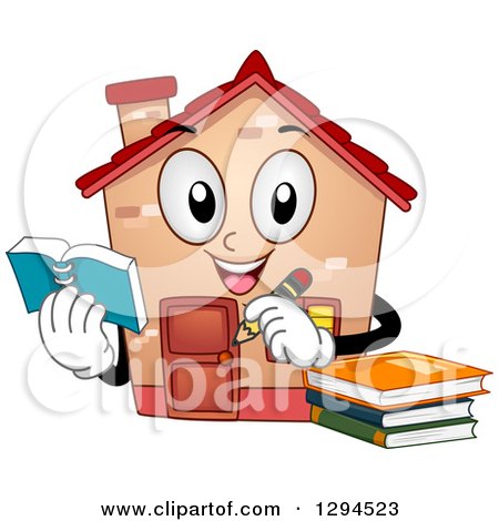 Clipart of a Happy Home Schooling House Character Holding a Notebook and Pencil - Royalty Free Vector Illustration by BNP Design Studio