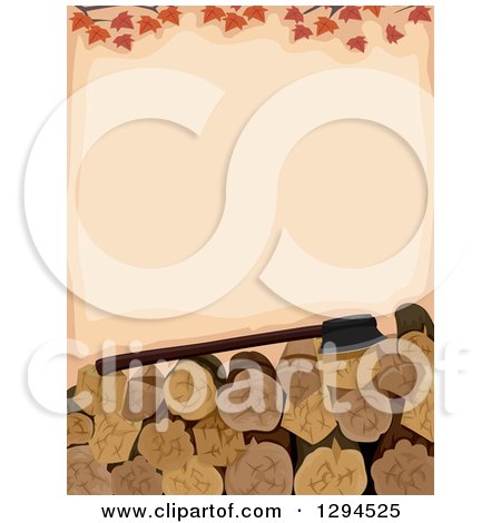 Clipart of a Background of Autumn Leaves over an Axe and Firewood - Royalty Free Vector Illustration by BNP Design Studio