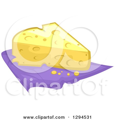 Clipart of a Wedge of Swiss Cheese on a Purple Napkin - Royalty Free Vector Illustration by BNP Design Studio