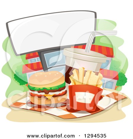 Clipart of a Cheeseburger French Fries and Soda Fast Food Meal with a Blank Sign and Building - Royalty Free Vector Illustration by BNP Design Studio