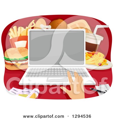 Clipart of a Caucasian Hand Ordering Fast Food on a Laptop Computer - Royalty Free Vector Illustration by BNP Design Studio
