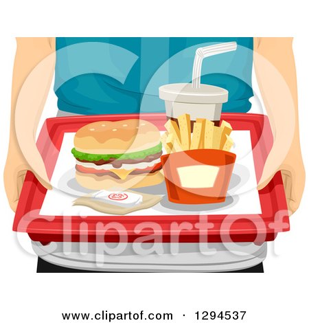 Clipart of Caucasian Hands Holding a Cheeseburger, French Fries and Soda on a Tray - Royalty Free Vector Illustration by BNP Design Studio