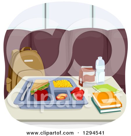 Clipart of a School Cafeteria Tray with a Sandwich by Books on a Table - Royalty Free Vector Illustration by BNP Design Studio