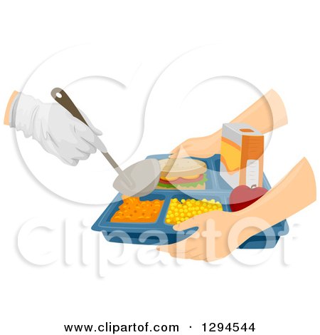 Clipart of Caucasian Hands Holding a Cafeteria Tray to Receive Food - Royalty Free Vector Illustration by BNP Design Studio