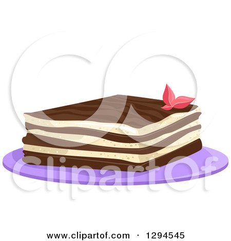 Clipart of a Piece of Tiramisu Garnished with a Flower, on a Purple Plate - Royalty Free Vector Illustration by BNP Design Studio
