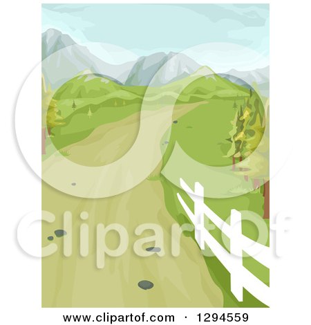Clipart of a Country Driveway Road Leading to Hill and Mountains with Spring Green - Royalty Free Vector Illustration by BNP Design Studio