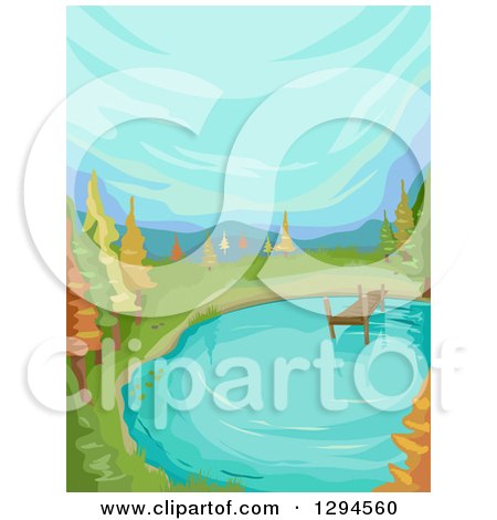 Clipart of a Pond with a Dock and Autumn Trees Under a Blue Sky - Royalty Free Vector Illustration by BNP Design Studio