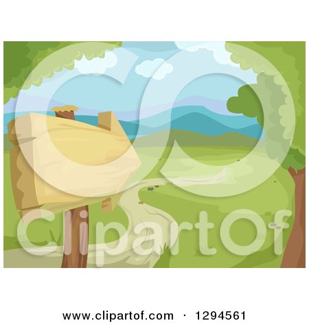 Clipart of a Wooden Arrow Sign and Path Leading to a Valley in the Spring Time - Royalty Free Vector Illustration by BNP Design Studio