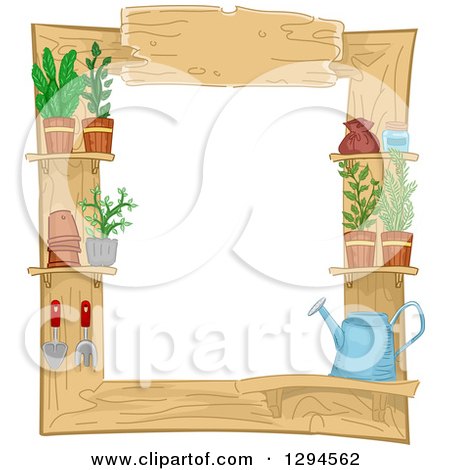Clipart of a Wooden Frame with Gardening Tools and Potted Plants - Royalty Free Vector Illustration by BNP Design Studio