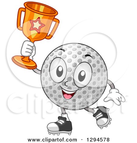Clipart of a Happy Cartoon Golf Ball Character Holding up a Trophy - Royalty Free Vector Illustration by BNP Design Studio