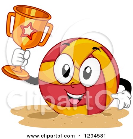 Clipart of a Cartoon Happy Beach Volleyball Character Holding up a Trophy - Royalty Free Vector Illustration by BNP Design Studio