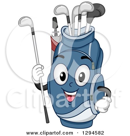 Clipart of a Cartoon Happy Blue Golf Bag Character Holding a Club - Royalty Free Vector Illustration by BNP Design Studio