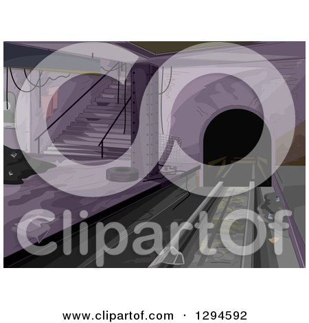 Clipart of a Dark and Dirty Abandoned Subway Station Interior - Royalty Free Vector Illustration by BNP Design Studio