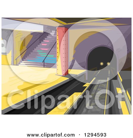 Clipart of a Train Coming Through a Tunnel in a Subway Station - Royalty Free Vector Illustration by BNP Design Studio