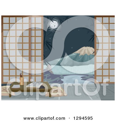 Clipart of a Japanese Inn Room, Yard and View of Mt Fuji at Night - Royalty Free Vector Illustration by BNP Design Studio