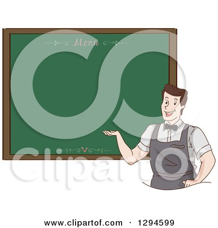 Clipart of a Friendly Male Waiter Presenting a Chalkboard Menu - Royalty Free Vector Illustration by BNP Design Studio