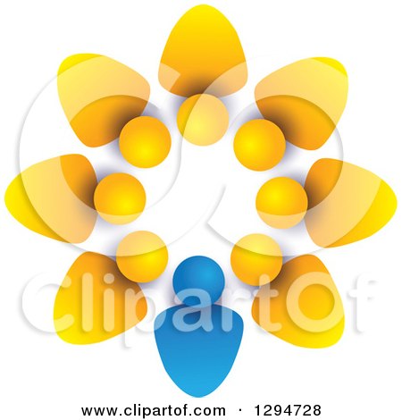 Clipart of a Unity Team Circle of Yellow People and a Blue Leader with Shading on White - Royalty Free Vector Illustration by ColorMagic