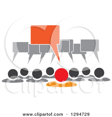 Clipart of a Group of Gray People with Speech Balloons and an Orange Leader - Royalty Free Vector Illustration by ColorMagic