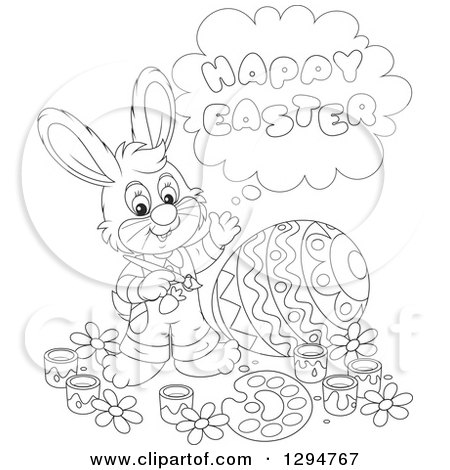 Lineart Clipart of a Happy Black and White Male Bunny Saying Happy Easter and Painting a Giant Egg - Royalty Free Outline Vector Illustration by Alex Bannykh