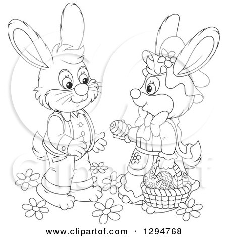 Lineart Clipart of a Happy Black and White Female Bunny Giving an Easter Egg to a Male Rabbit - Royalty Free Outline Vector Illustration by Alex Bannykh