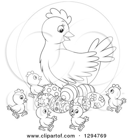 Lineart Clipart of a Black and White Chicken Hen with Easter Eggs and Chicks - Royalty Free Outline Vector Illustration by Alex Bannykh